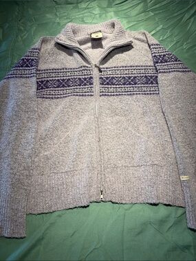 Women's Light Gray Zip Cardigan with Purple Nordic Stripe